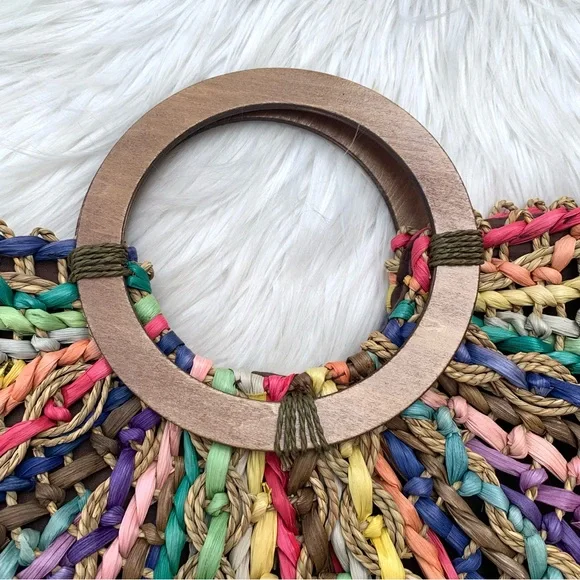 Vintage T. Cappelli Colorful Boho Straw Woven Bag Round Wooden Handle - Picture 3 of 10